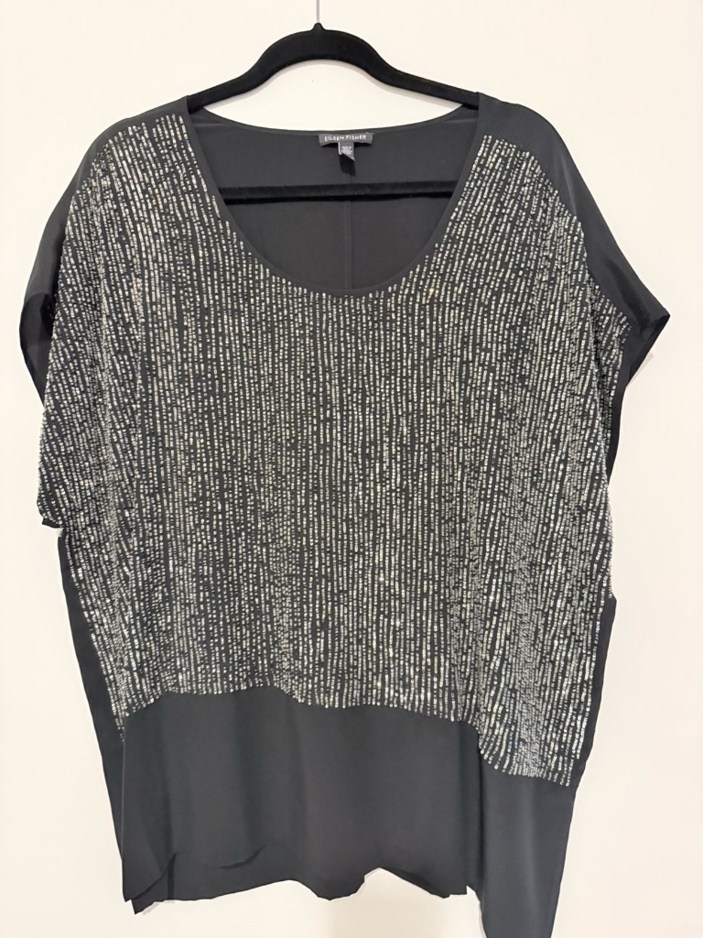 Eileen Fisher Black & Silver Beaded Overlay Top